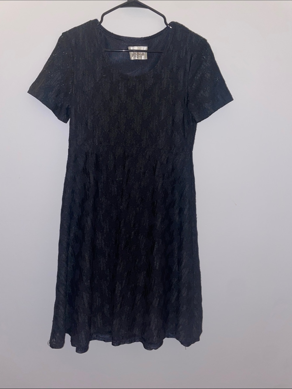 Vintage Jessica Collection Black Floral Lace Short Sleeve Midi Dress